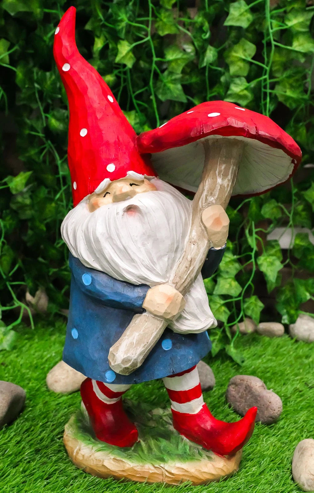 Large Whimsical Garden Gnome With Giant Toadstool Mushroom Umbrella Figurine-1