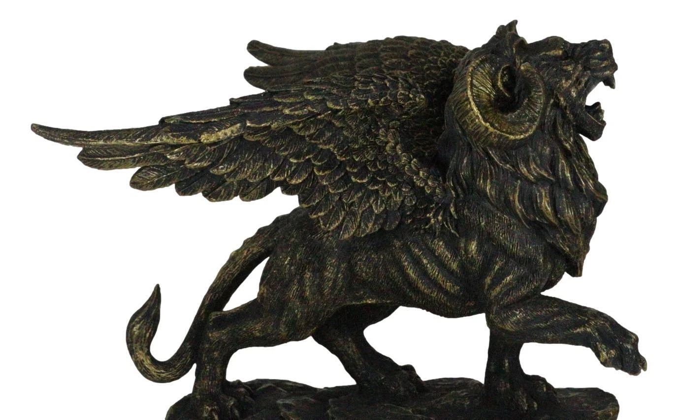 Faux Bronze Greek Guardian Winged Lion Chimera Gargoyle With Goat Horns Figurine-2