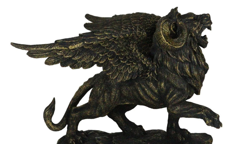 Faux Bronze Greek Guardian Winged Lion Chimera Gargoyle With Goat Horns Figurine-2