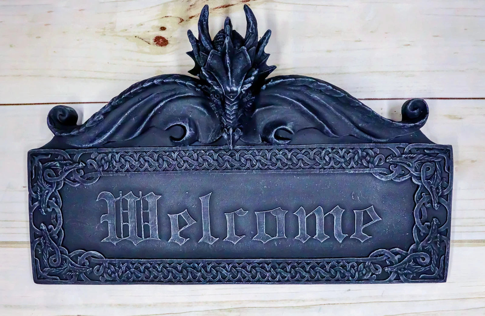 Celtic Medieval Gothic Guardian Dragon Welcome Plaque Door Wall Sculpture-1