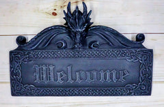 Celtic Medieval Gothic Guardian Dragon Welcome Plaque Door Wall Sculpture-1