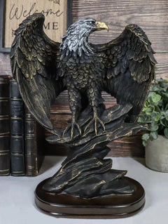 American Patriotic Large Bald Eagle Perched On Rocky Cliff Resin Figurine 10"H-1