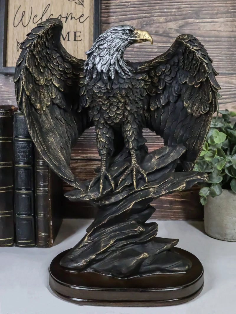 American Patriotic Large Bald Eagle Perched On Rocky Cliff Resin Figurine 10"H-1