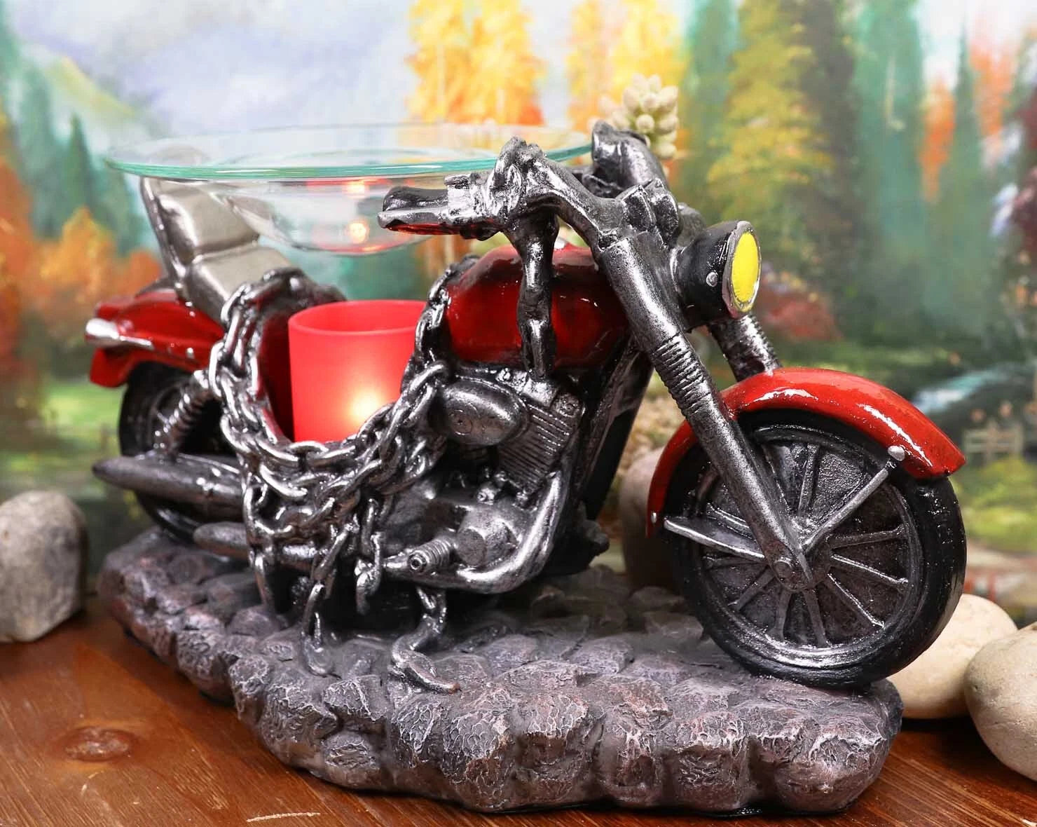 Red Vintage Motorcycle Chopper Bike Electric Oil Or Tart Burner Figurine-1
