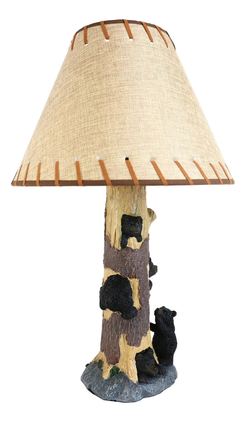 Rustic Black Bear Cubs Peekaboo Climbers by A Tree Table Lamp Statue With Shade-3