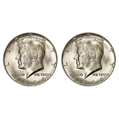 $1 Face 90% Silver 1964 JFK Kennedy Half Dollars Brilliant Uncirculated BU-2
