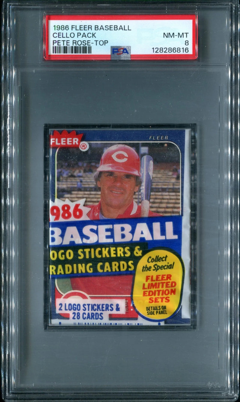 1986 Fleer Baseball Unopened Cello Pack PSA 8 Rose Top *6816-1