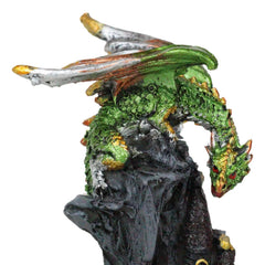 Metallic Golden Green Dragon Guarding Castle Tower On Mountain Cliff Figurine-3