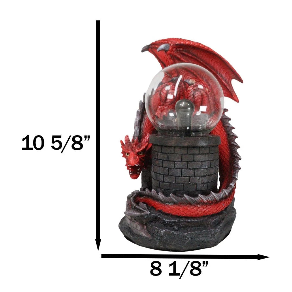Estatua grande de la lámpara de bola de plasma del Dragón de Fuego Rojo que custodia el castillo de Dungeons Dragons