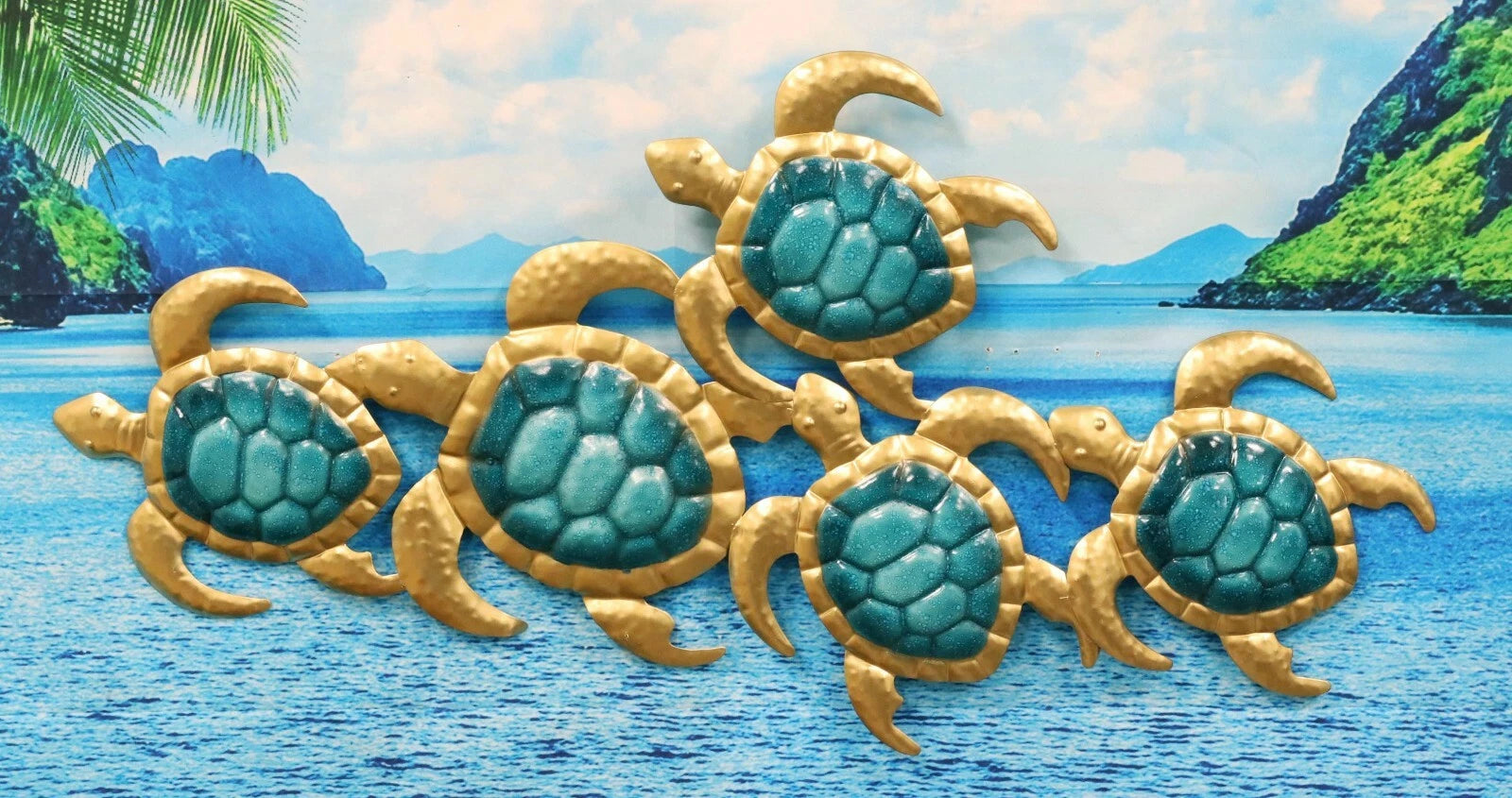 Large Aluminum Swimming Bale of 5 Marine Sea Turtle Hatchlings Wall Decor Plaque
