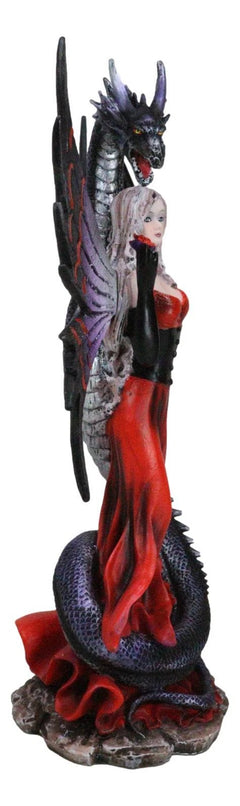 Fantasy Red Gowned Gothic Rose Fairy With Black Grendel Volcano Dragon Figurine-3