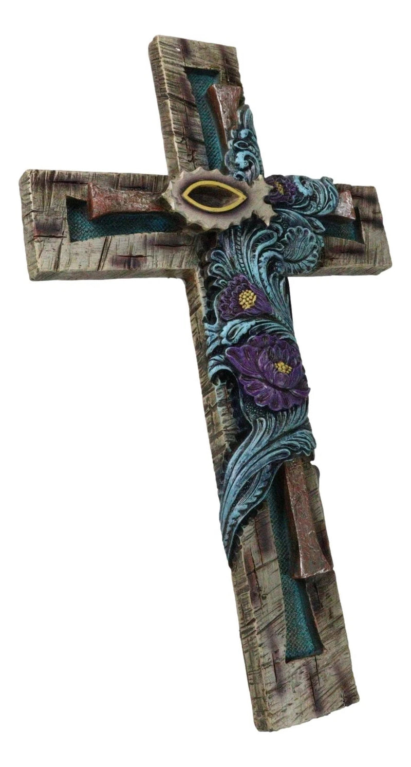 Rustic Turquoise Floral Blooms Ichthys Jesus Fish Symbol Faux Wooden Wall Cross-3