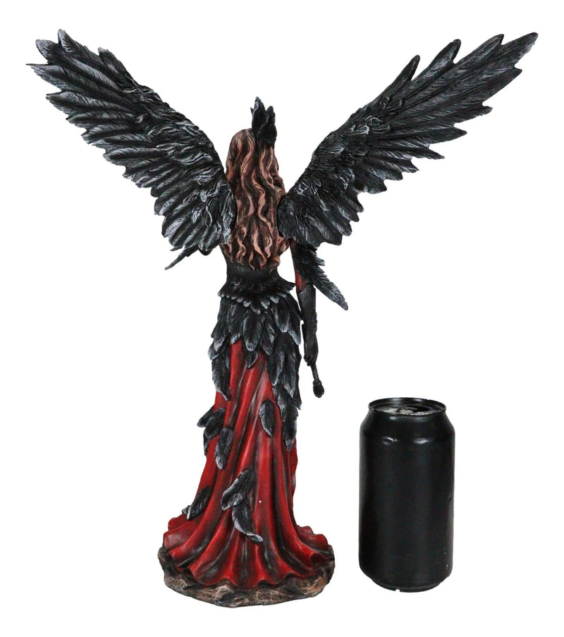 Gothic Raven Crow Trainer Angel Fairy In Black And Crimson Feather Gown Statue-3