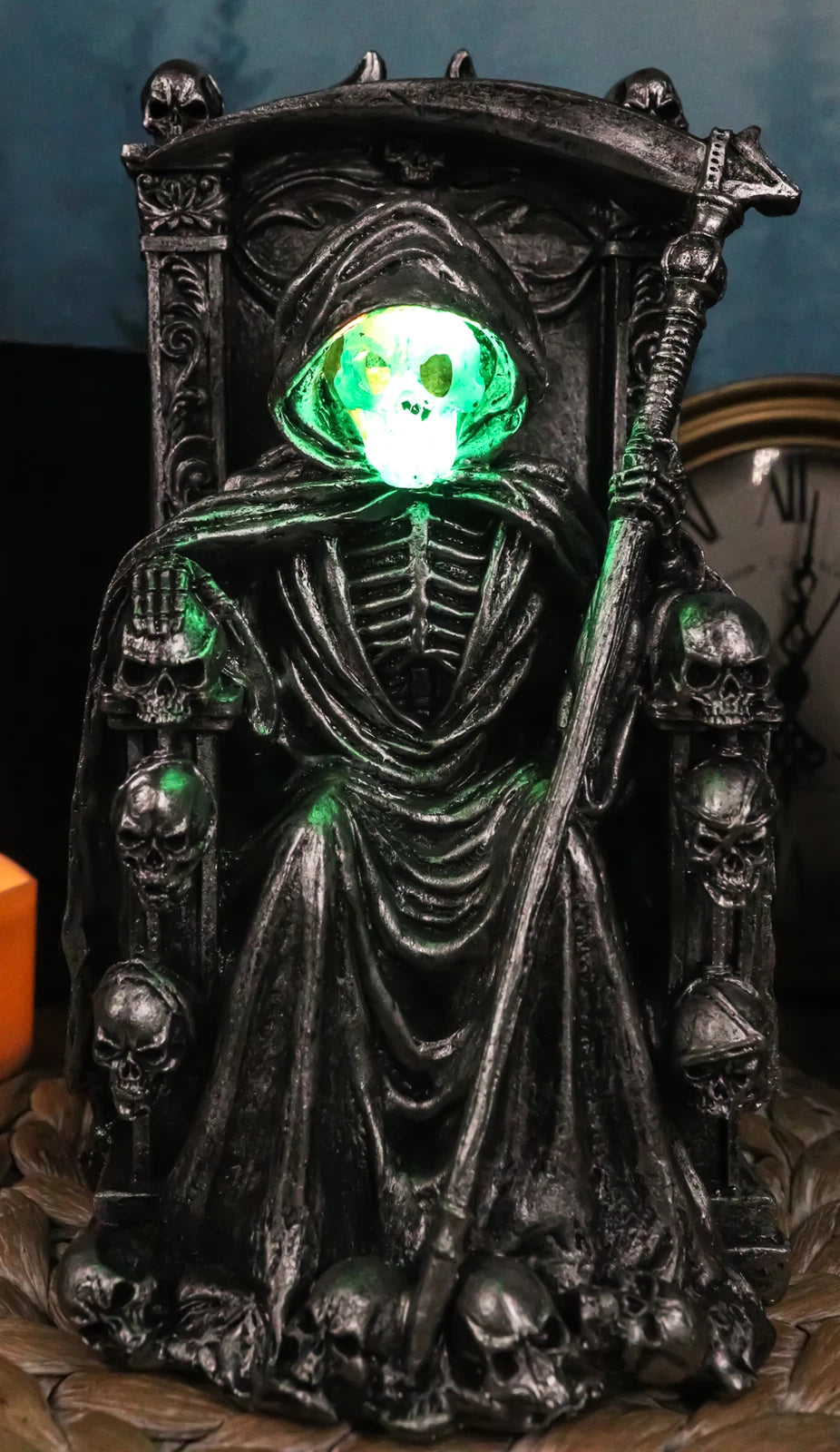 Dark Lord Grim Reaper Skeleton On Throne With LED Light Ghastly Face Figurine-2