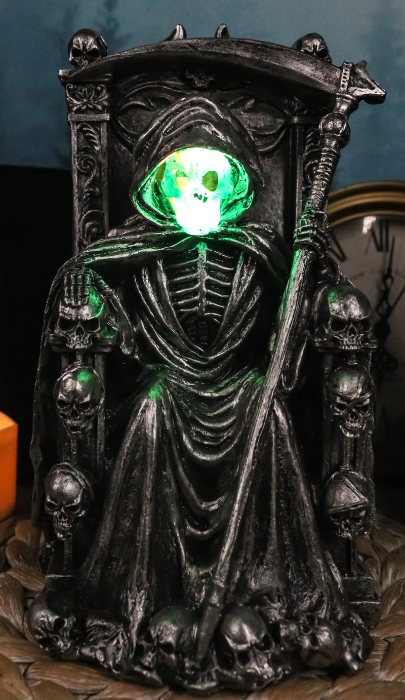 Dark Lord Grim Reaper Skeleton On Throne With LED Light Ghastly Face Figurine-2