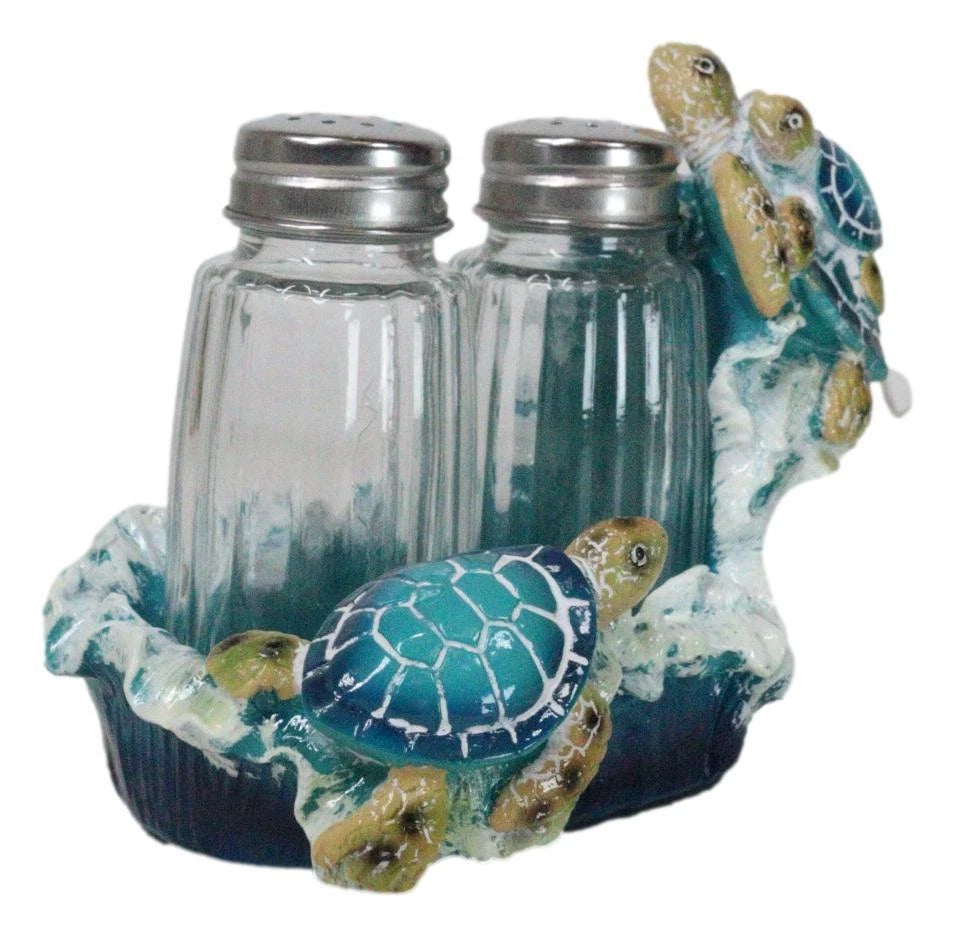 Nautical Marine Reef Sea Turtles Over Waves Salt And Pepper Shakers Holder Set-4