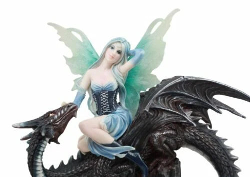 Large Ice Elemental Fairy With Night Fury Dragon Statue 14"L Fantasy Witch Fairy-2