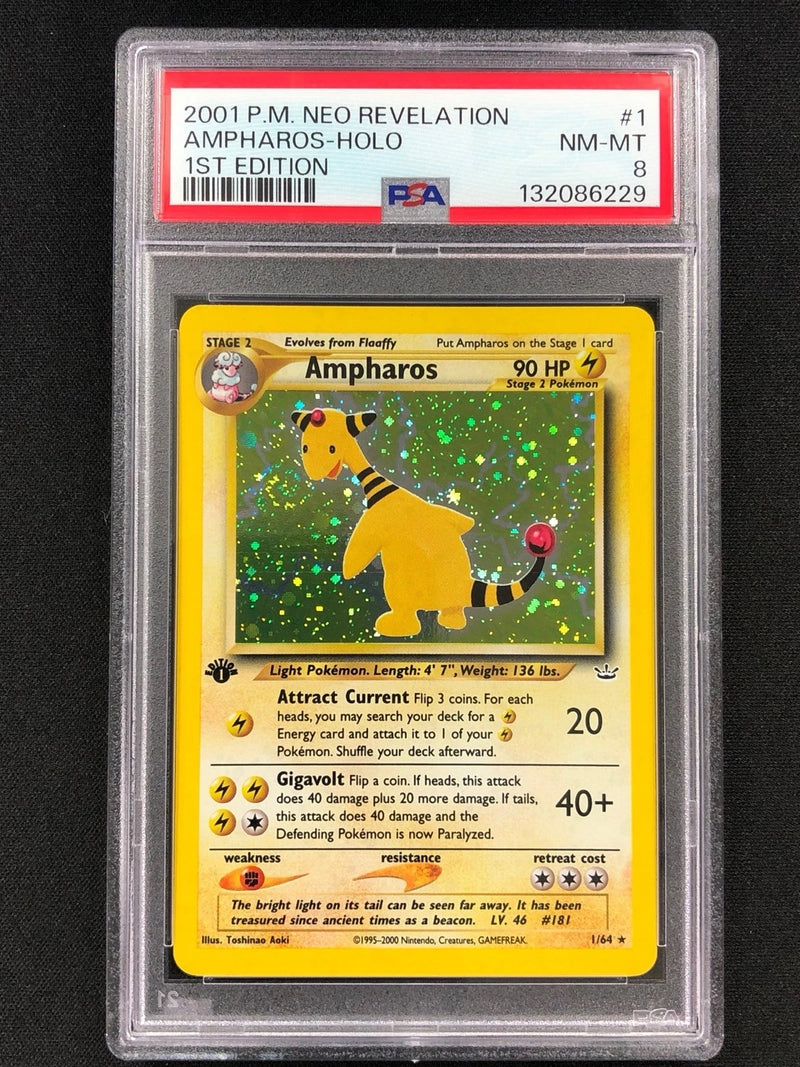 Pokemon 2001 Ampharos 1st Holo + Swirl! 1/64 Neo PSA 8-1