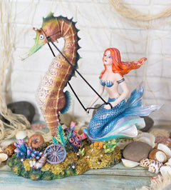Nouveau Nautical Ocean Mermaid On Clam Riding Seahorse Chariot Statue 10"H-1