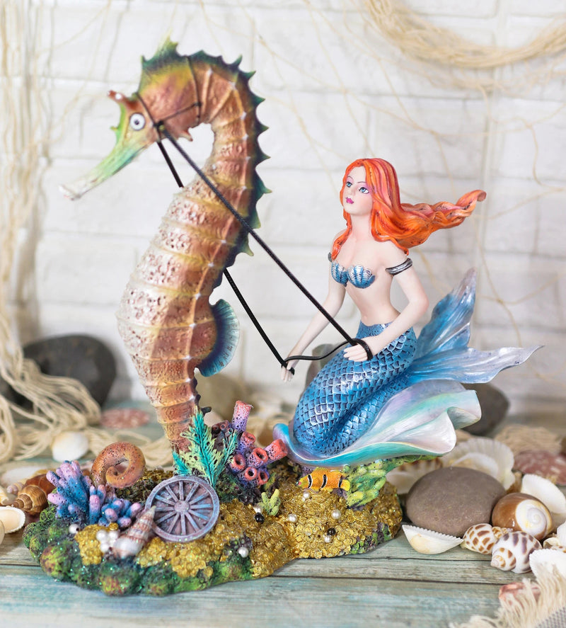 Nouveau Nautical Ocean Mermaid On Clam Riding Seahorse Chariot Statue 10"H-1