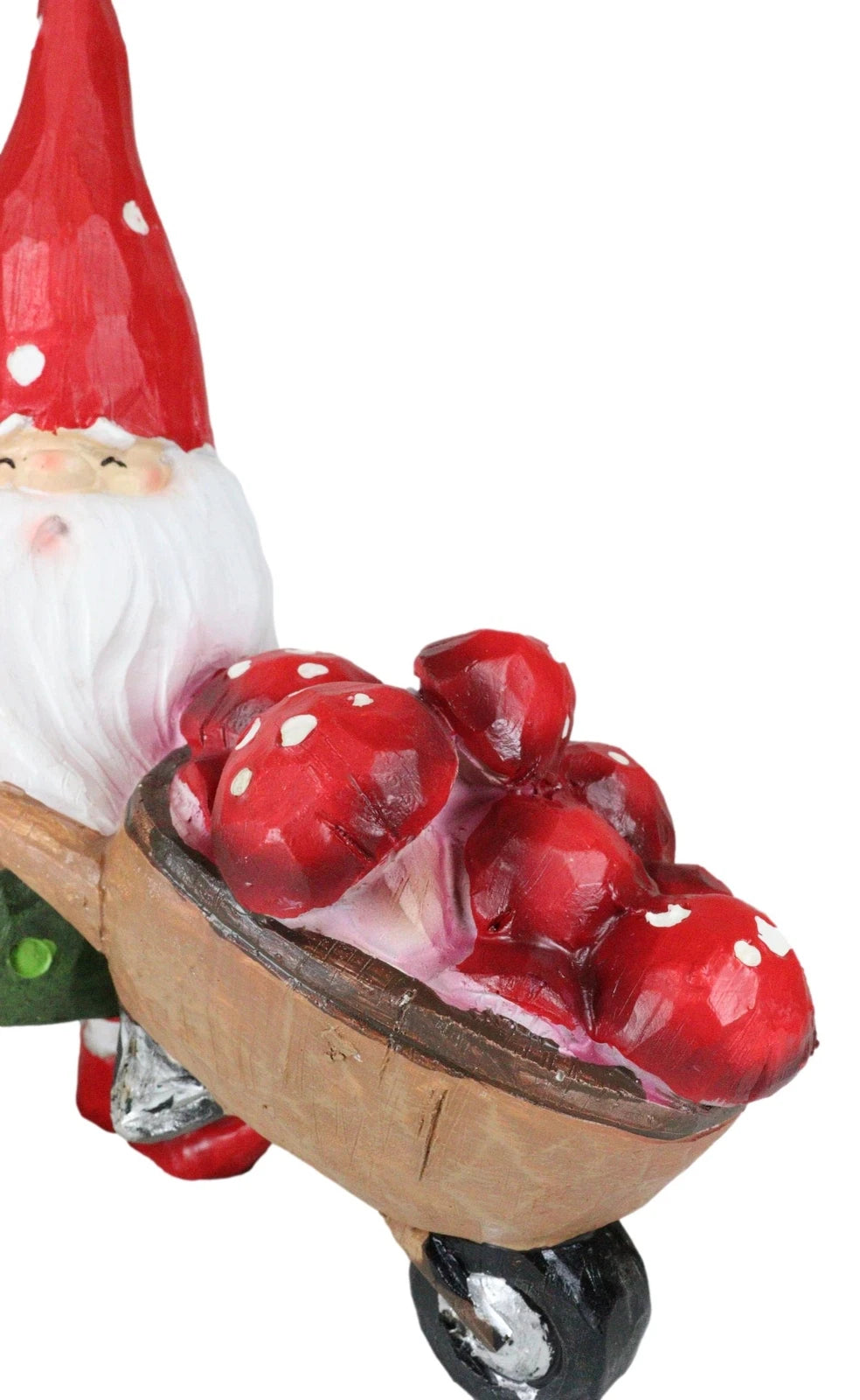 Whimsical Garden Mr Grandpa Gnome Pushing Toadstool Mushrooms Wheelbarrow Statue-7