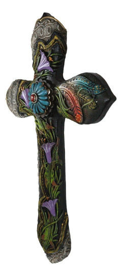 Colorful Floral Blooms And Vines With Southwestern Feathers Wall Cross Plaque-5