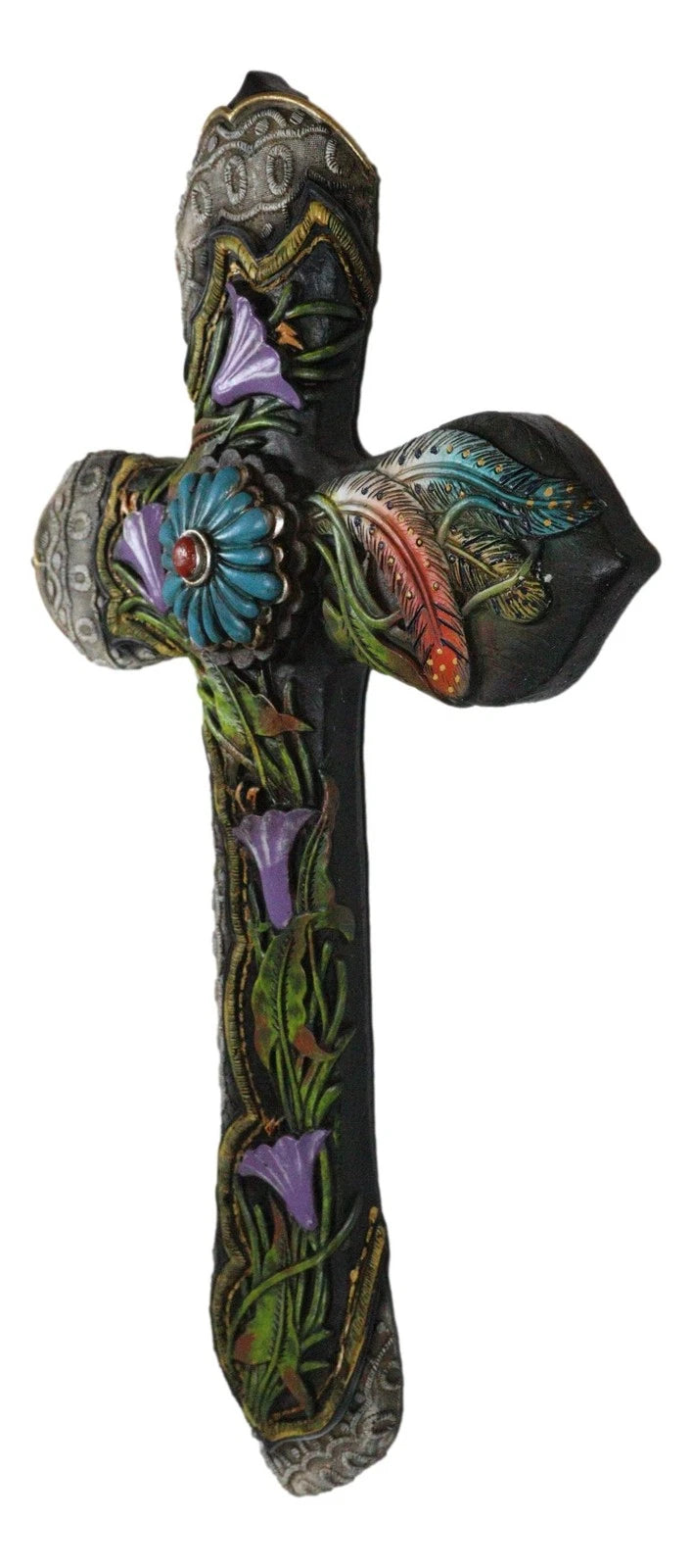 Colorful Floral Blooms And Vines With Southwestern Feathers Wall Cross Plaque-5