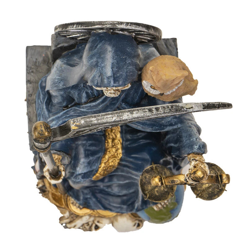 Seated Blue Santa Muerte With Scythe Scales of Justice And Wise Owl Figurine 9"H-5