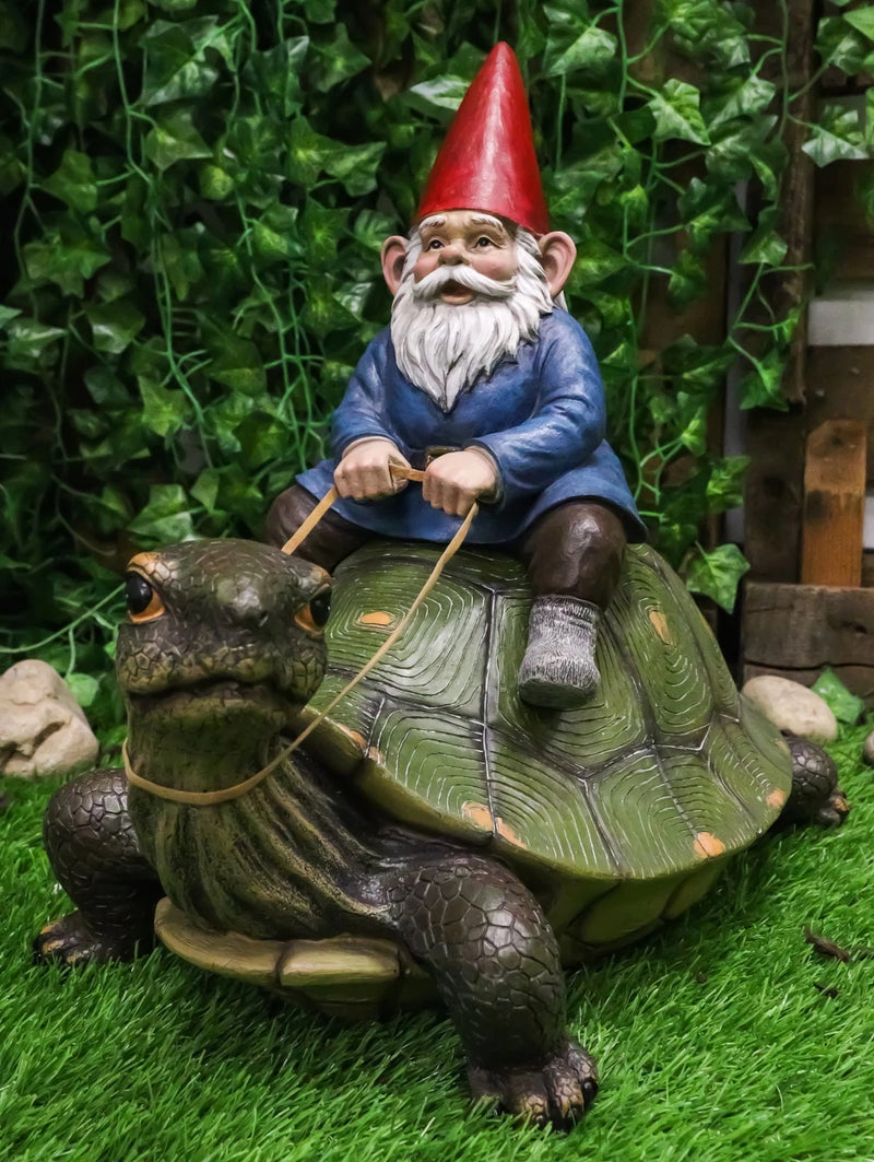 Large Whimsical Mr. Gnome Riding Giant Turtle Garden Statue 17.25" L-1