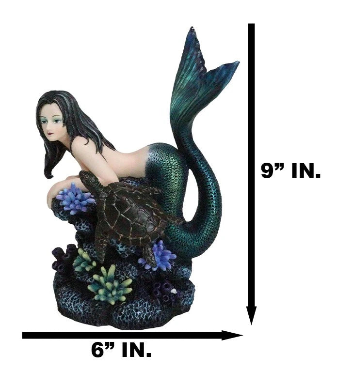Siren Mermaid With Iridescent Tail And Turtle Companion By Coral Rocks Statue-9
