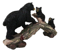 Rustic Forest Black Bear Mother and 2 Cubs Climbing On Tree Log Bridge Figurine-5