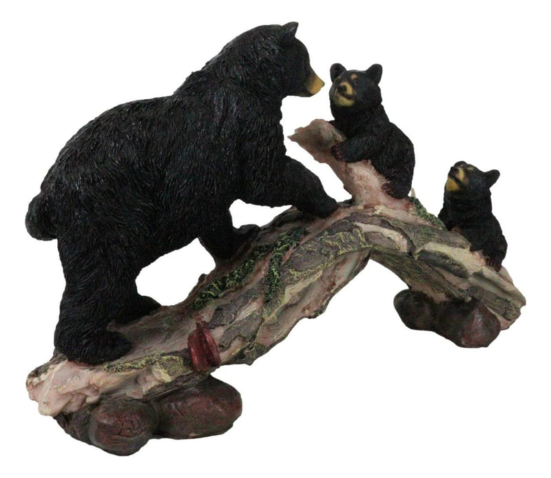 Rustic Forest Black Bear Mother and 2 Cubs Climbing On Tree Log Bridge Figurine-5