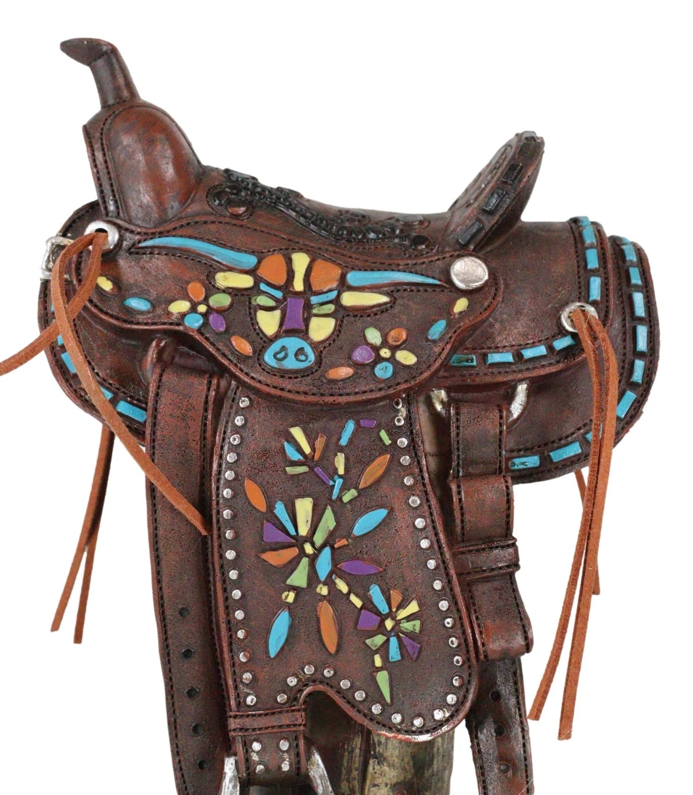 Figura de vaquero de cuero sintético estilo rústico occidental con diseño de vaca de cuernos largos-8