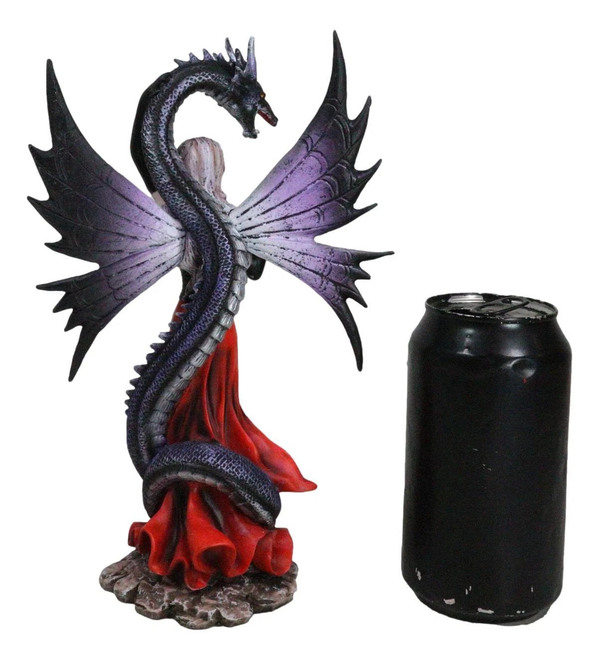 Fantasy Red Gowned Gothic Rose Fairy With Black Grendel Volcano Dragon Figurine-7