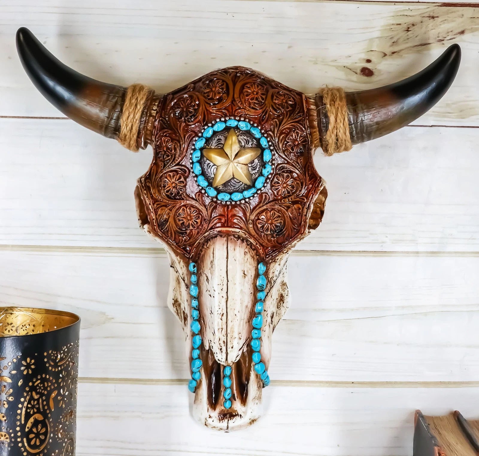 Western Star Tooled Leather Steer Bison Buffalo Bull Cow Horned Skull Wall Decor-11