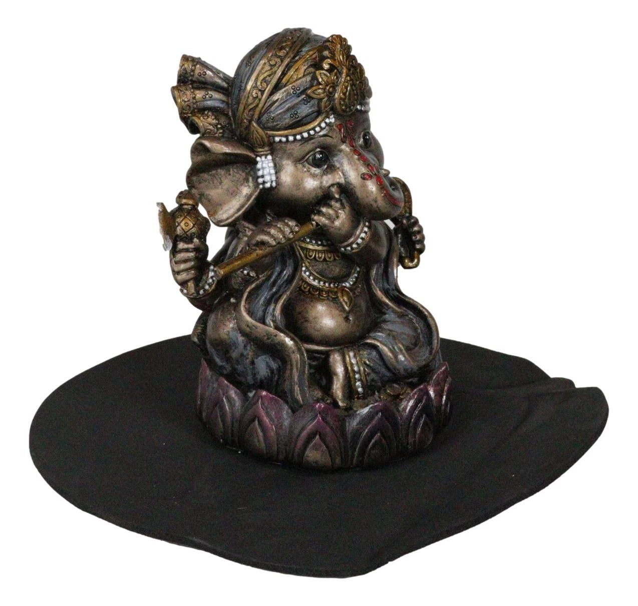 Hindu God Ganapati Baby Ganesha Playing Flute On Lotus Backflow Incense Burner-6