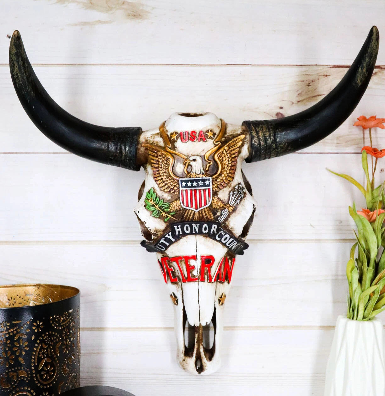 Western Veteran USA Great Seal Eagle Emblem Patriotic Cow Skull Wall Decor-1
