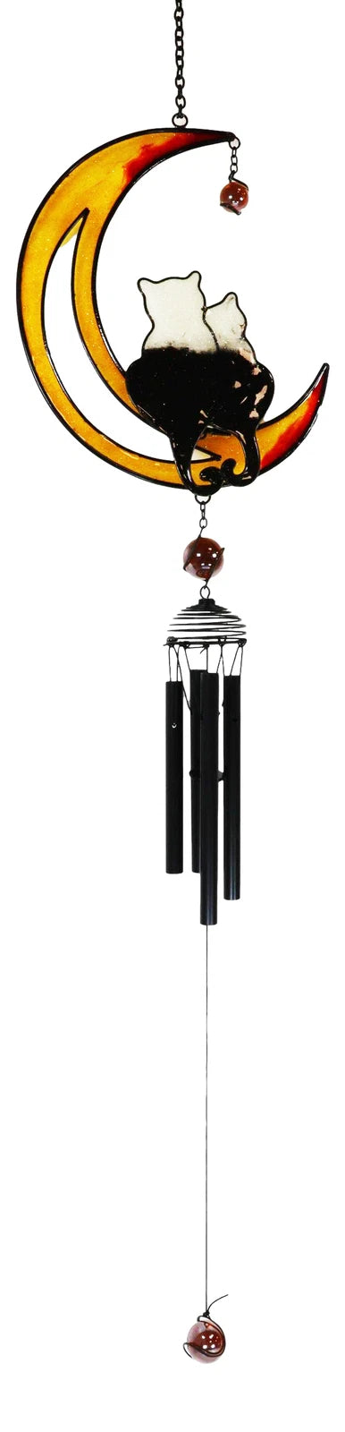 Lover Feline Cats On Crescent Moon Stained Glass Gem Copper Wind Chime Garden-3
