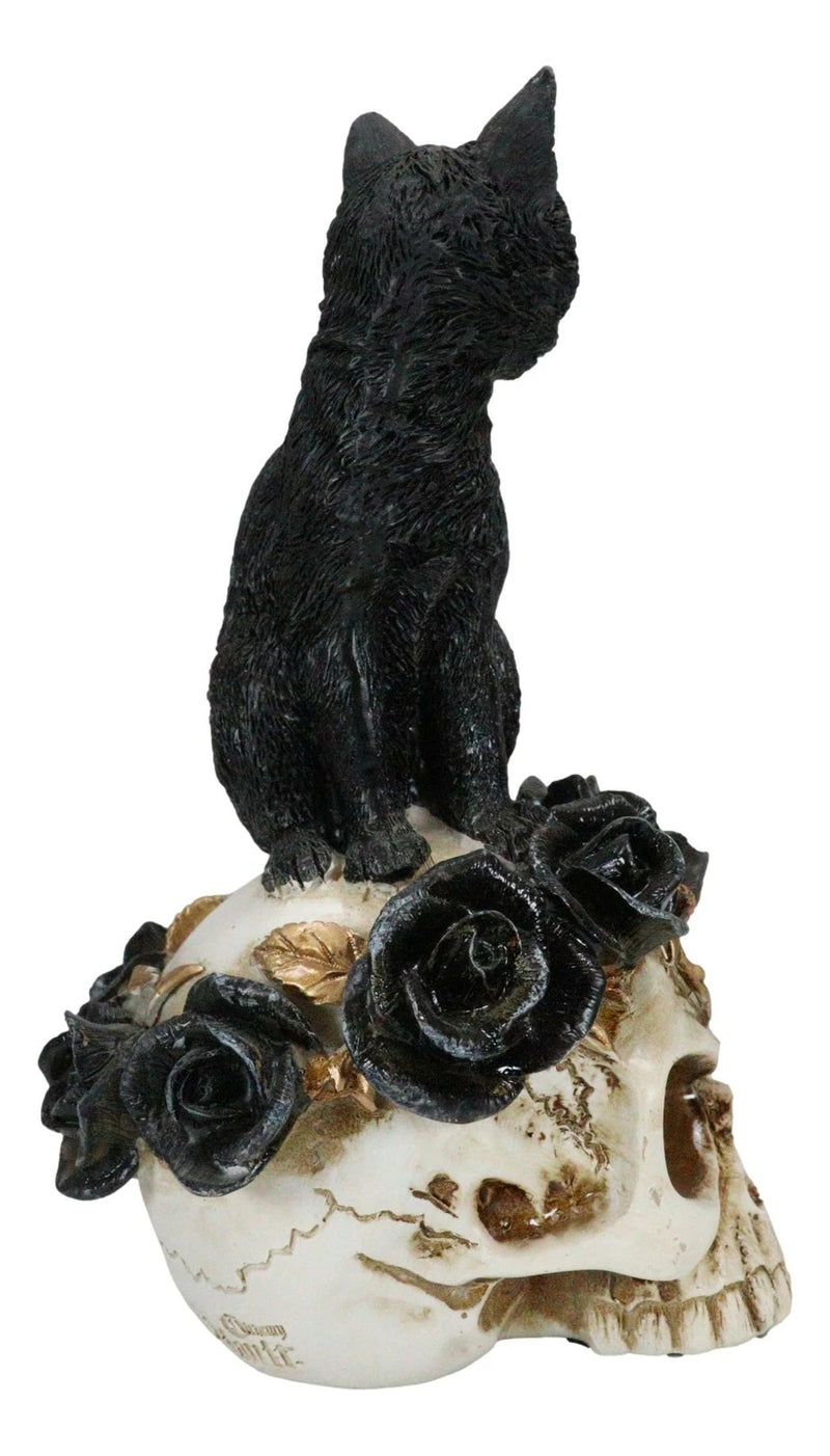 Figura de gato gótico, felino negro sentado sobre una rosa, estatua de calavera de vampiro fantasma, 18 cm de alto, decoración del hogar, exhibición, adorno de escritorio, decoración de Halloween, regalo de fantasía gótica-2