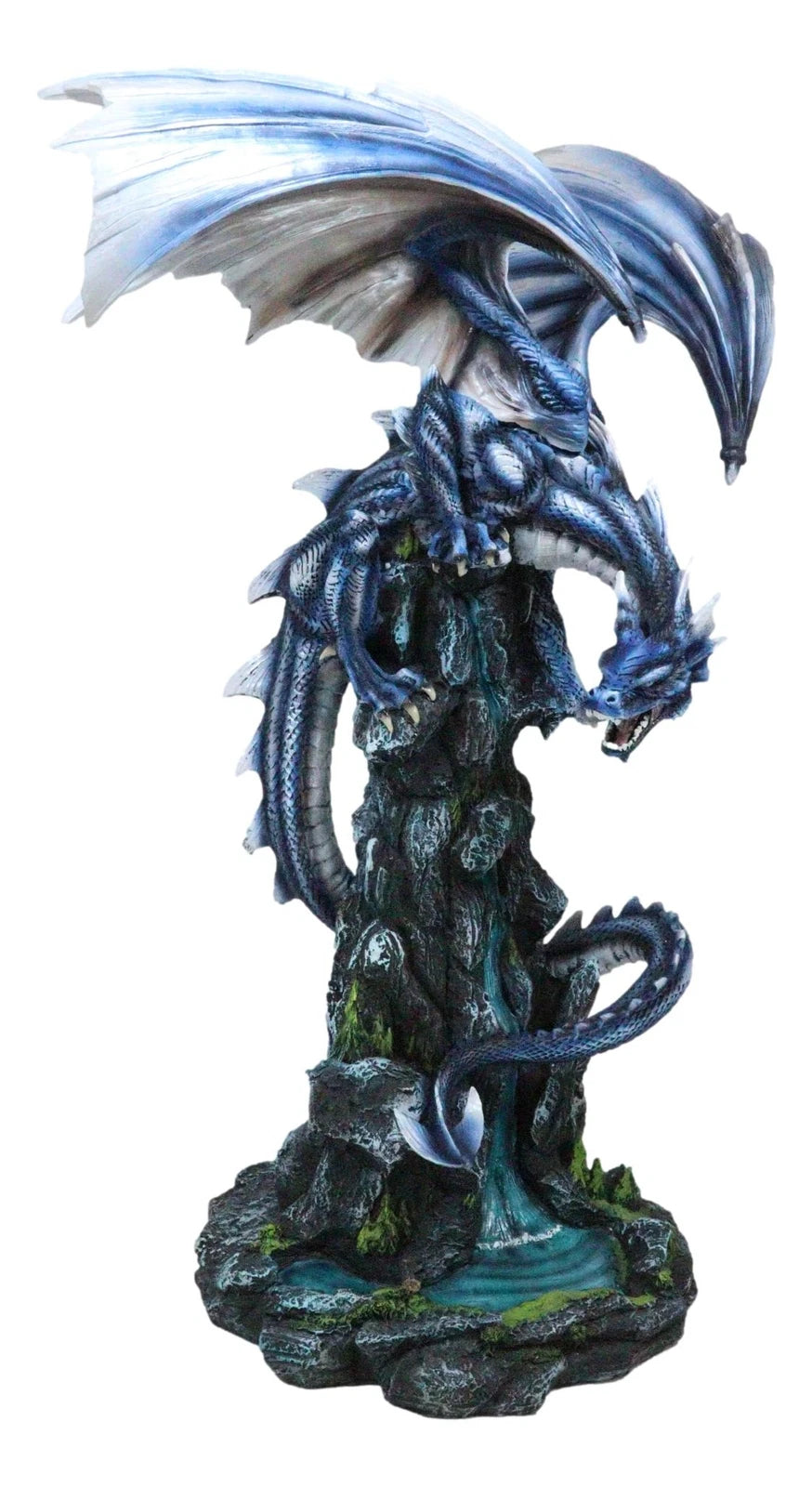 Large Blue Zirconia Rogue Storm Dragon Hovering Over Cliff Rock Waterfall Statue-3