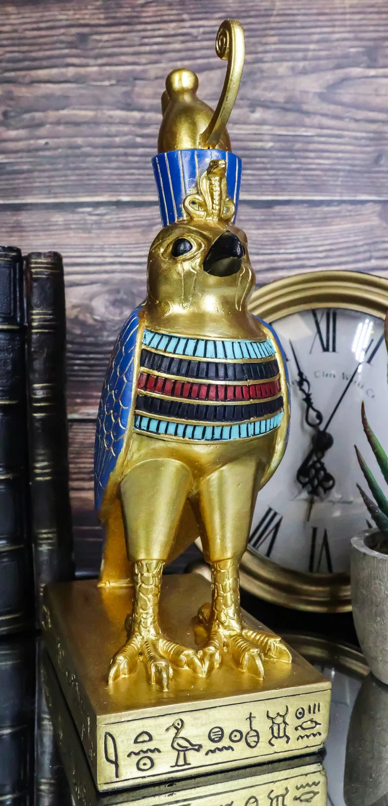 Egyptian God Horus Falcon Bird On Hieroglyphic Pedestal Statue 8.75"H-4