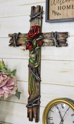Rustic Western Faux Wooden Valentine Love Red Roses With Barbed Wires Wall Cross-2