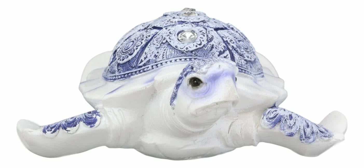 Terracotta Blue And White Feng Shui Celestial Sea Turtle Statue 6"Wide-4