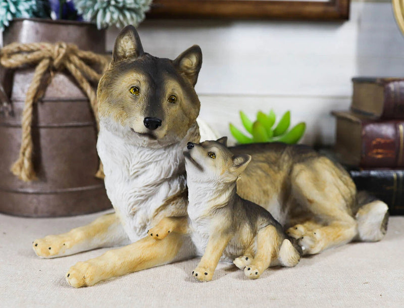 Alpha Gray Wolf Family Figurine 9.75"L Timber Wolf Mother Resting With Pup-1