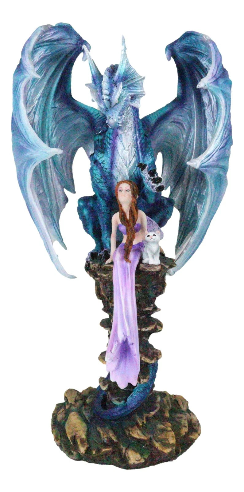 Giant Leviathan Blue Dragon Protecting A Young Princess Fairy With Kitten Statue-4