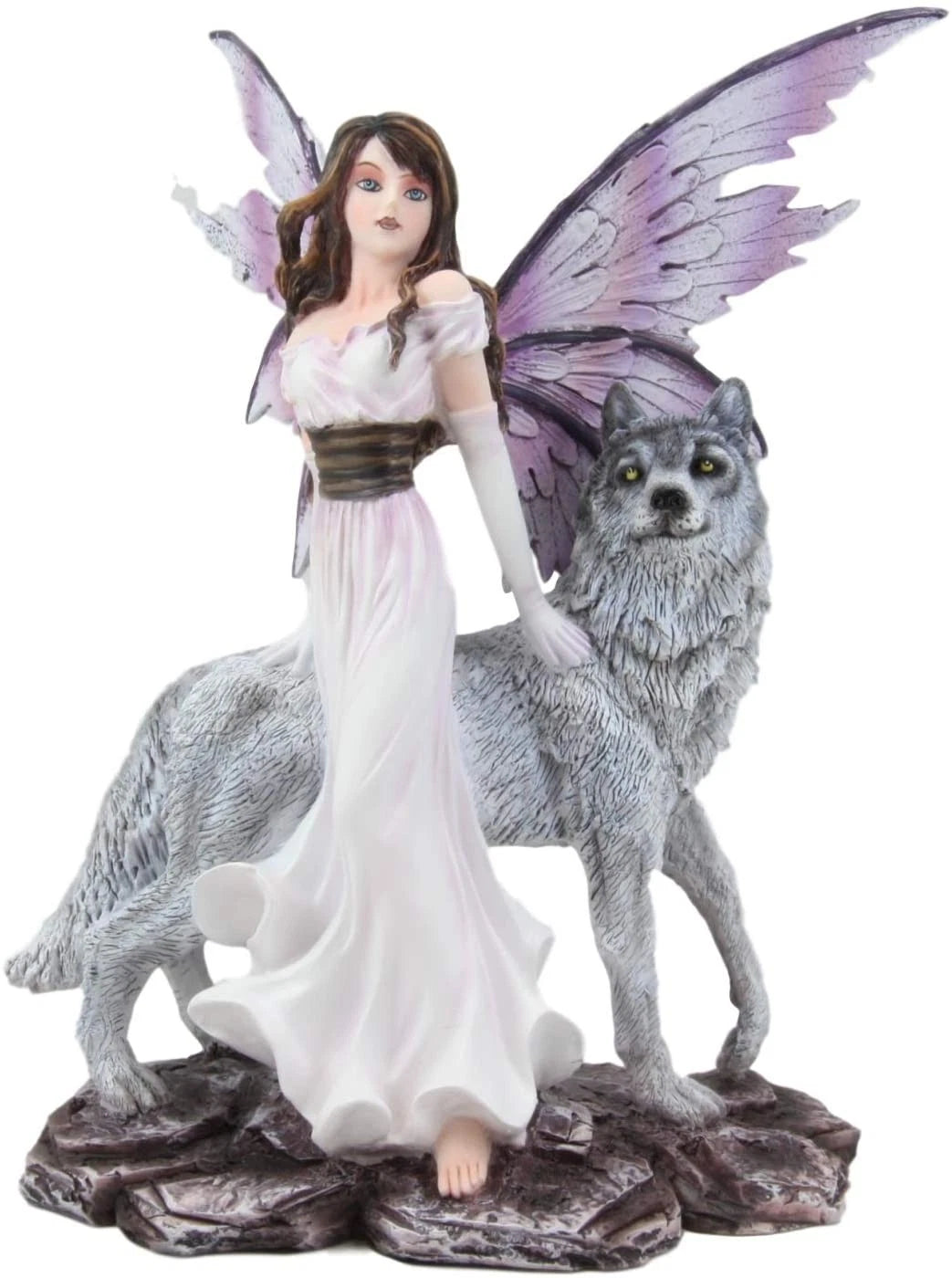 Fantasy Purple Winged Fairy Diana with Alpha Snow Direwolf Wolf Statue 10"H-4