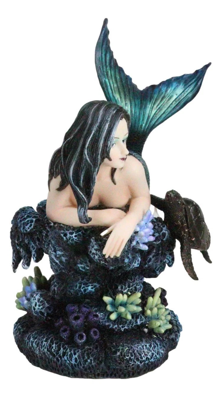 Siren Mermaid With Iridescent Tail And Turtle Companion By Coral Rocks Statue-5