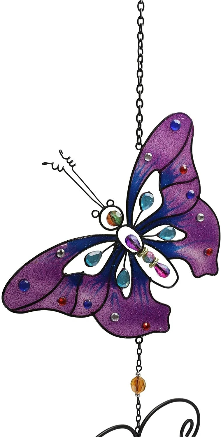 Purple Butterfly Stained Glass With Gemstones Copper Wind Chime Garden Patio-5