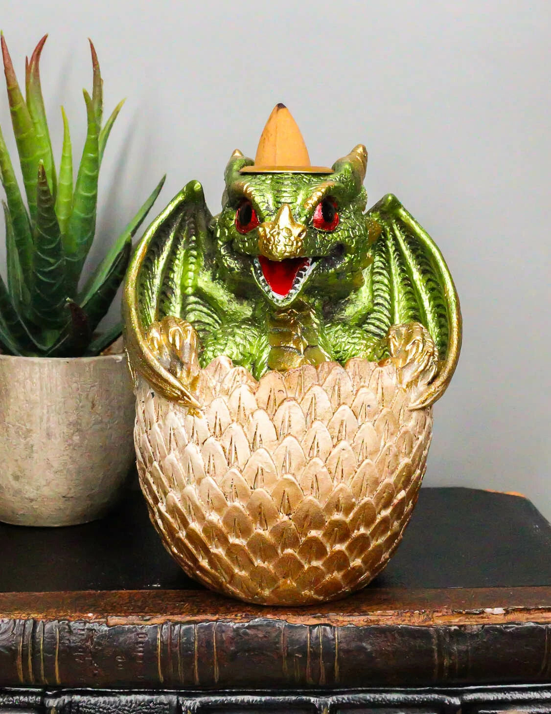 Green Wyrmling Baby Dragon On Golden Egg Backflow Incense Cone Burner Figurine-2
