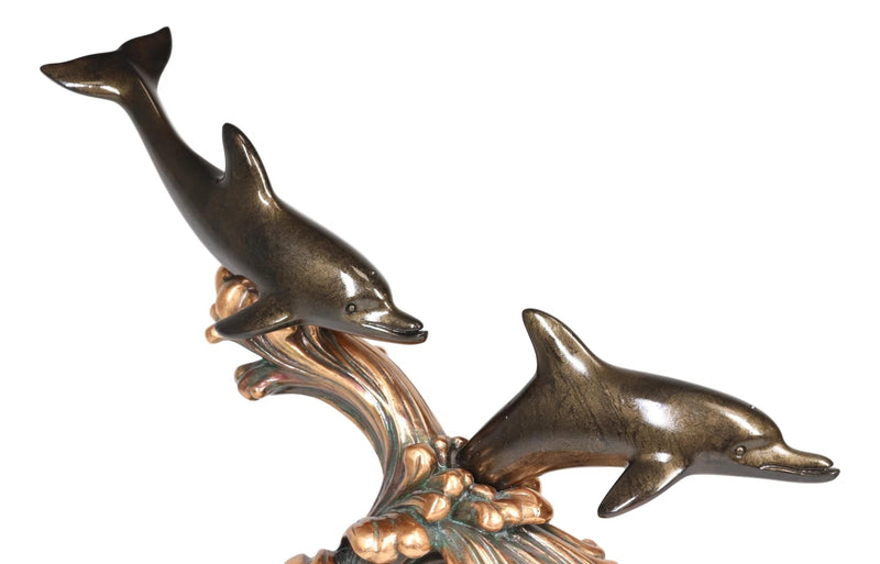 Nautical 2 Dolphins Surfing Ocean Waves Electroplated Bronze Resin Statue-4